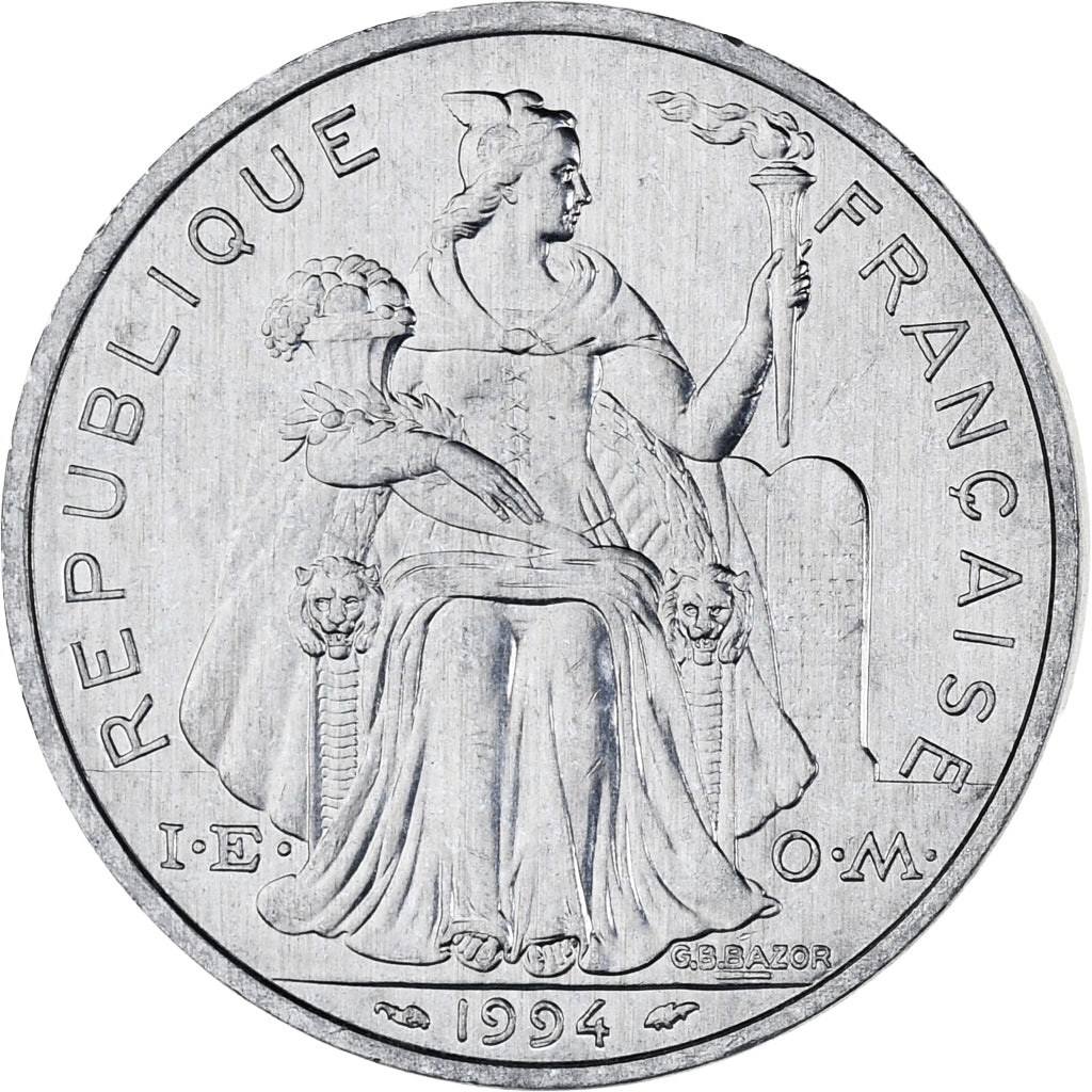 New Caledonia, 5 Francs, 1994, Paris, I.E.O.M., MS(63), Aluminum, KM:16