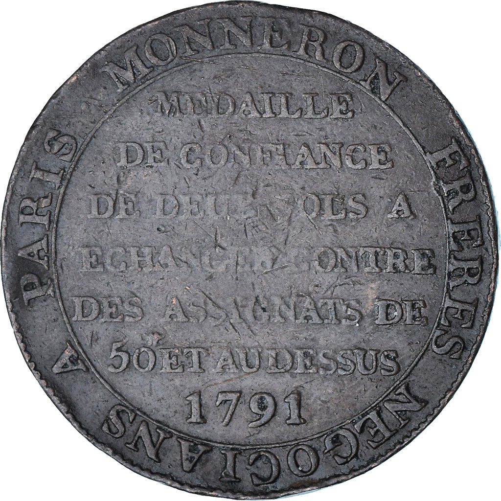 França, Monneron à la Liberté, 2 Sols, 1792, Birmingham, VF(30-35), Bronze