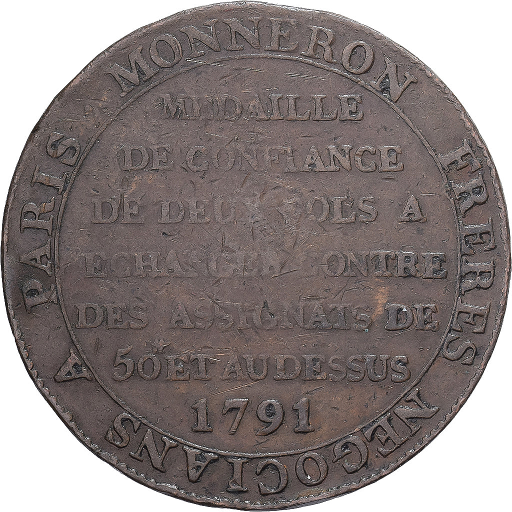 Francia, Monneron à la Liberté, 2 Sols, 1792, Birmingham, BC+, Bronce, KM:Tn25