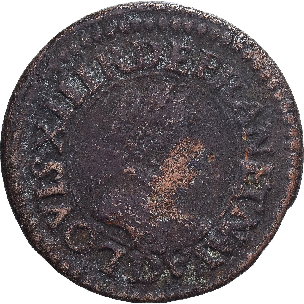 France, Louis XIII, Double Tournois, 1617, Lyon, B+, Cuivre, Gadoury:5