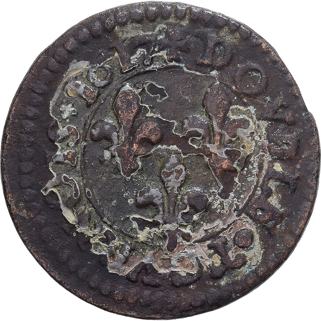 France, Louis XIII, Double Tournois, 1617, Lyon, B+, Cuivre, Gadoury:5