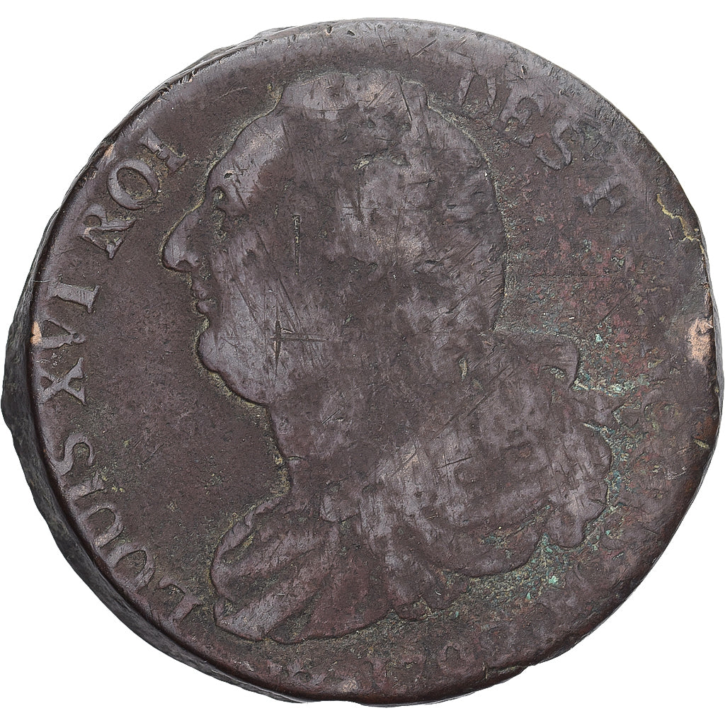 Francia, Louis XVI, 2 sols François, 1792 / AN 4, Toulouse, BC+, Cobre, KM:603
