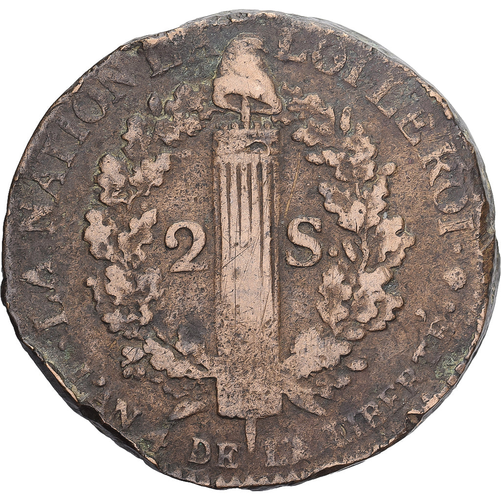 Francia, Louis XVI, 2 sols François, 1792 / AN 4, Toulouse, BC+, Cobre, KM:603