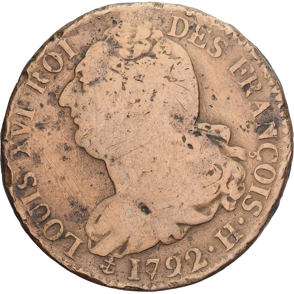 Francia, Louis XVI, 2 sols François, 1792 / AN 4, La Rochelle, BC+, Cobre