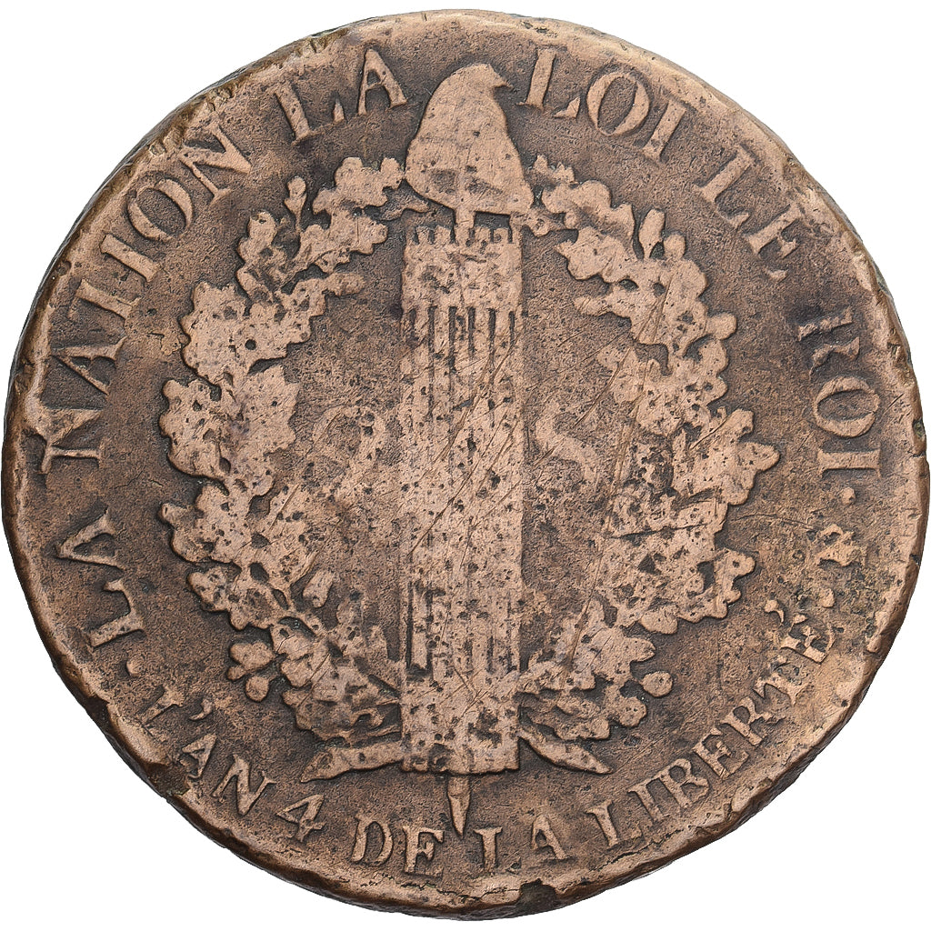 Francia, Louis XVI, 2 sols François, 1792 / AN 4, La Rochelle, BC+, Cobre
