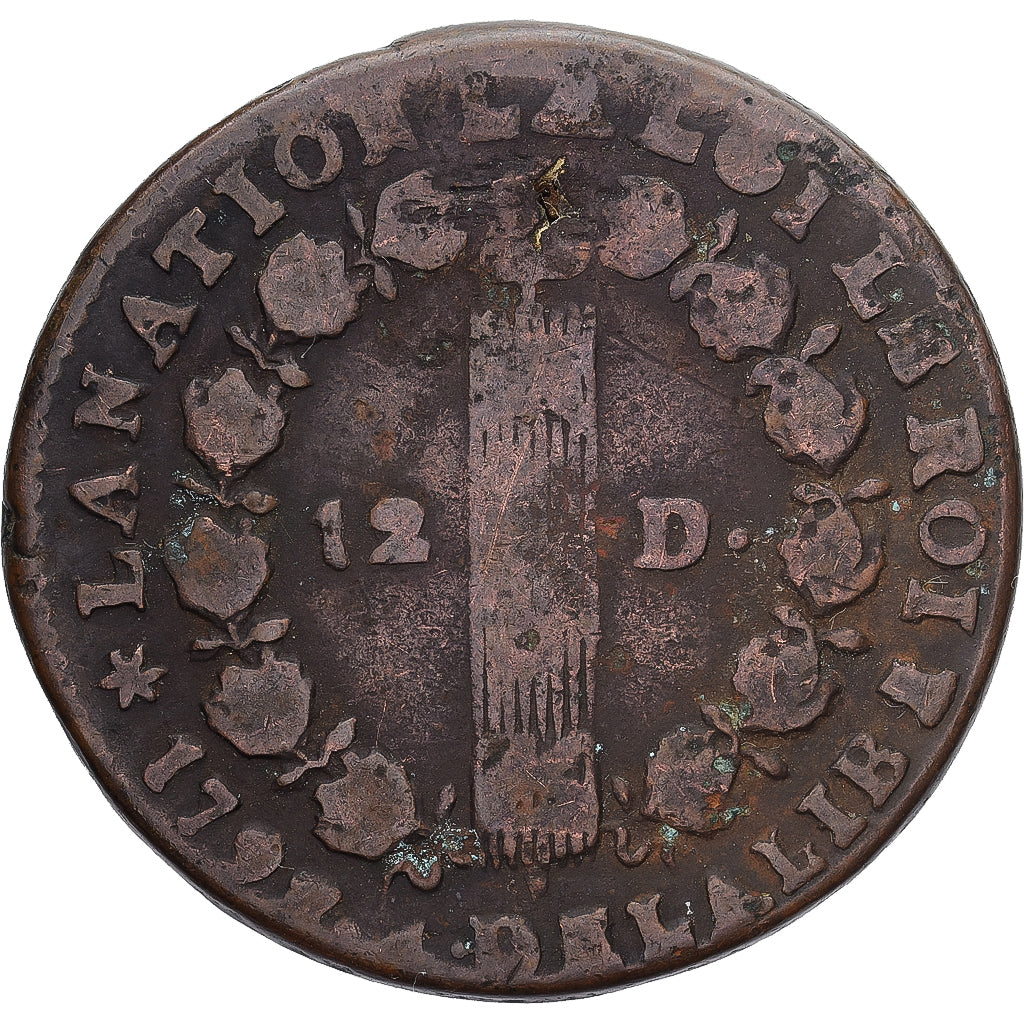 Francia, Béarn, Louis XVI, 12 deniers françois, 1792⸱4, Pau, BC+, Cobre