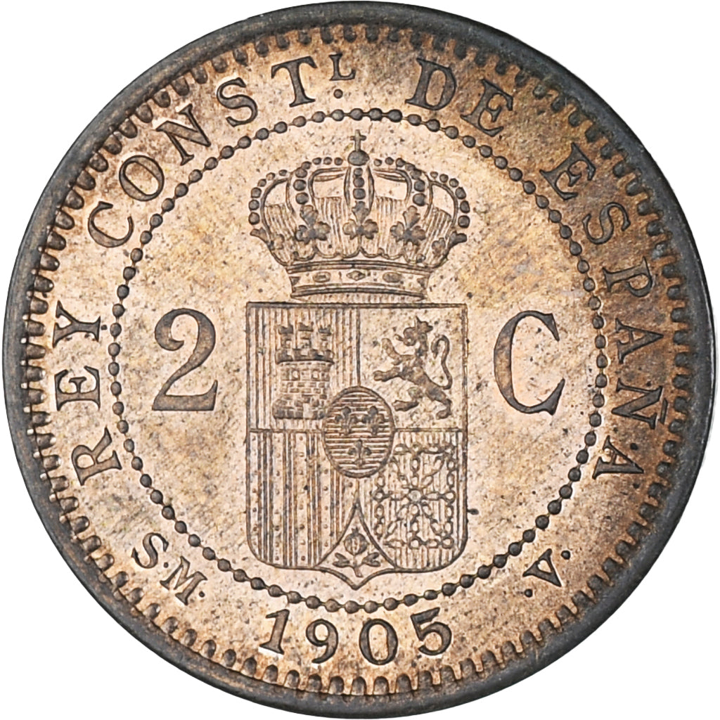 Spagna, Alfonso XIII, 2 Centimos, 1905, Madrid, SPL, Rame, KM:722
