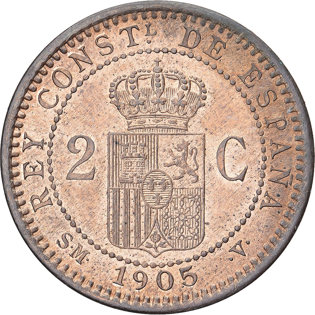Spagna, Alfonso XIII, 2 Centimos, 1905, Madrid, SPL, Rame, KM:722