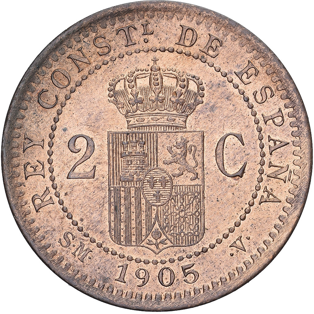 Spain, Alfonso XIII, 2 Centimos, 1905, Madrid, MS(60-62), Copper, KM:722