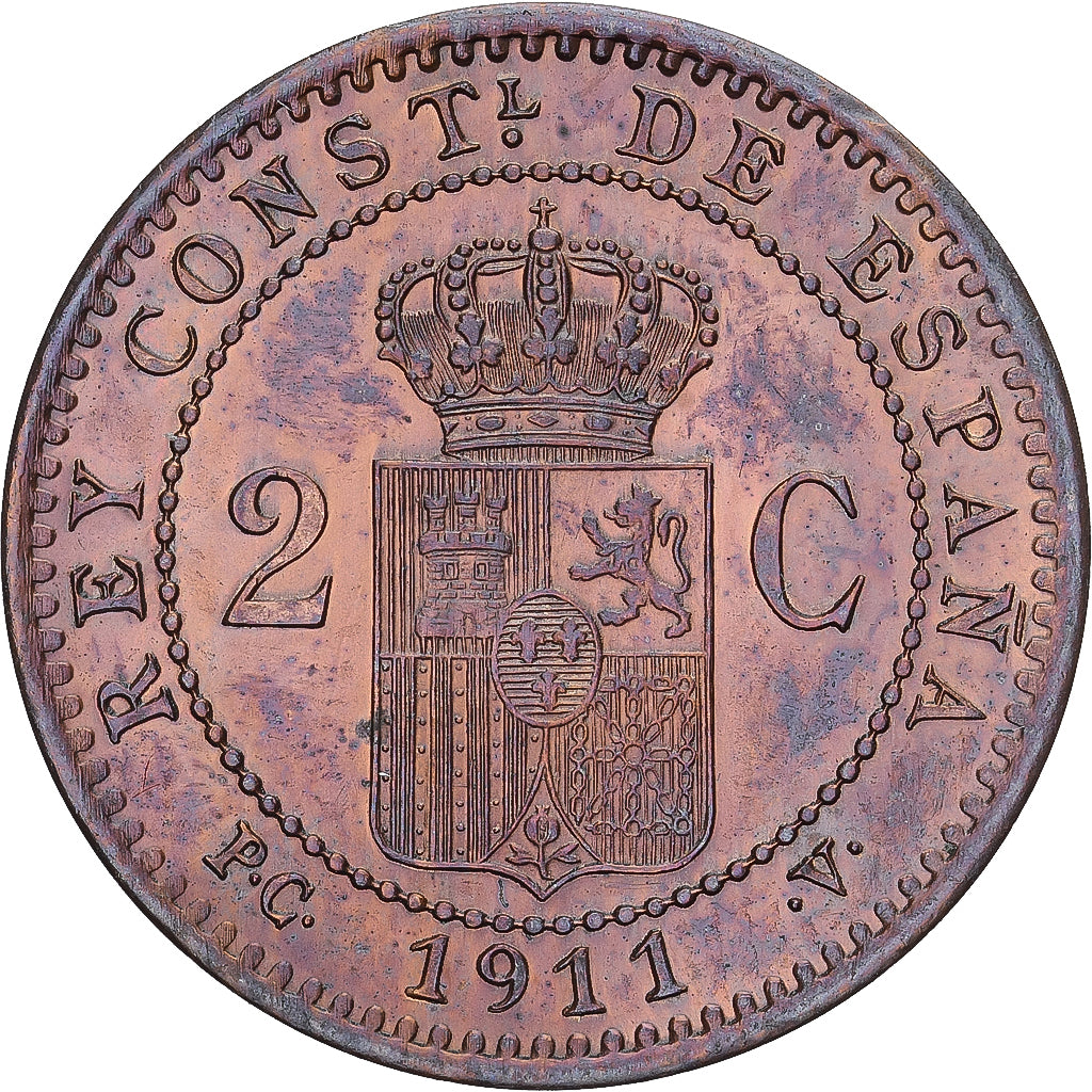Spagna, Alfonso XIII, 2 Centimos, 1911, Madrid, SPL, Rame, KM:732