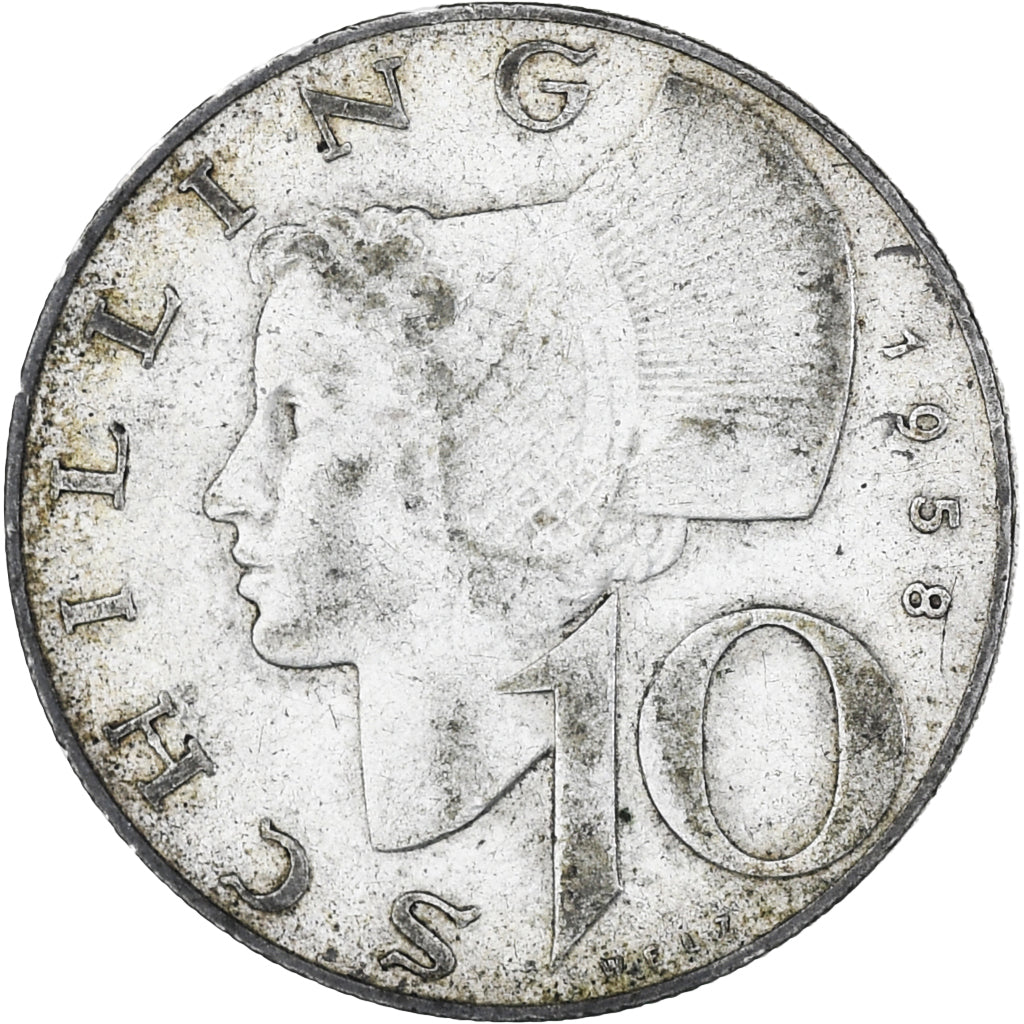 Áustria, 10 Schilling, 1958, Vienna, EF(40-45), Prata, KM:2882