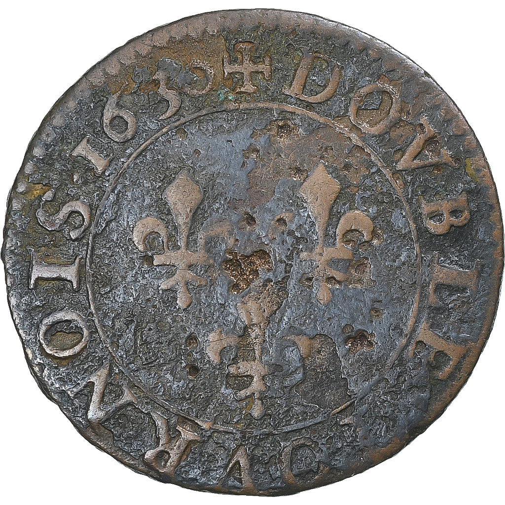 Francia, Louis XIII, Double Tournois, 1630, Paris, BC+, Cobre, CGKL:394