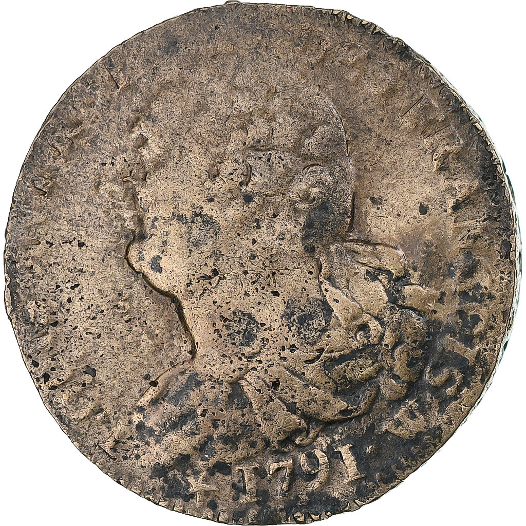 França, Louis XVI, 2 sols François, 1791 / AN 3, Lille, EF(40-45), Métal de