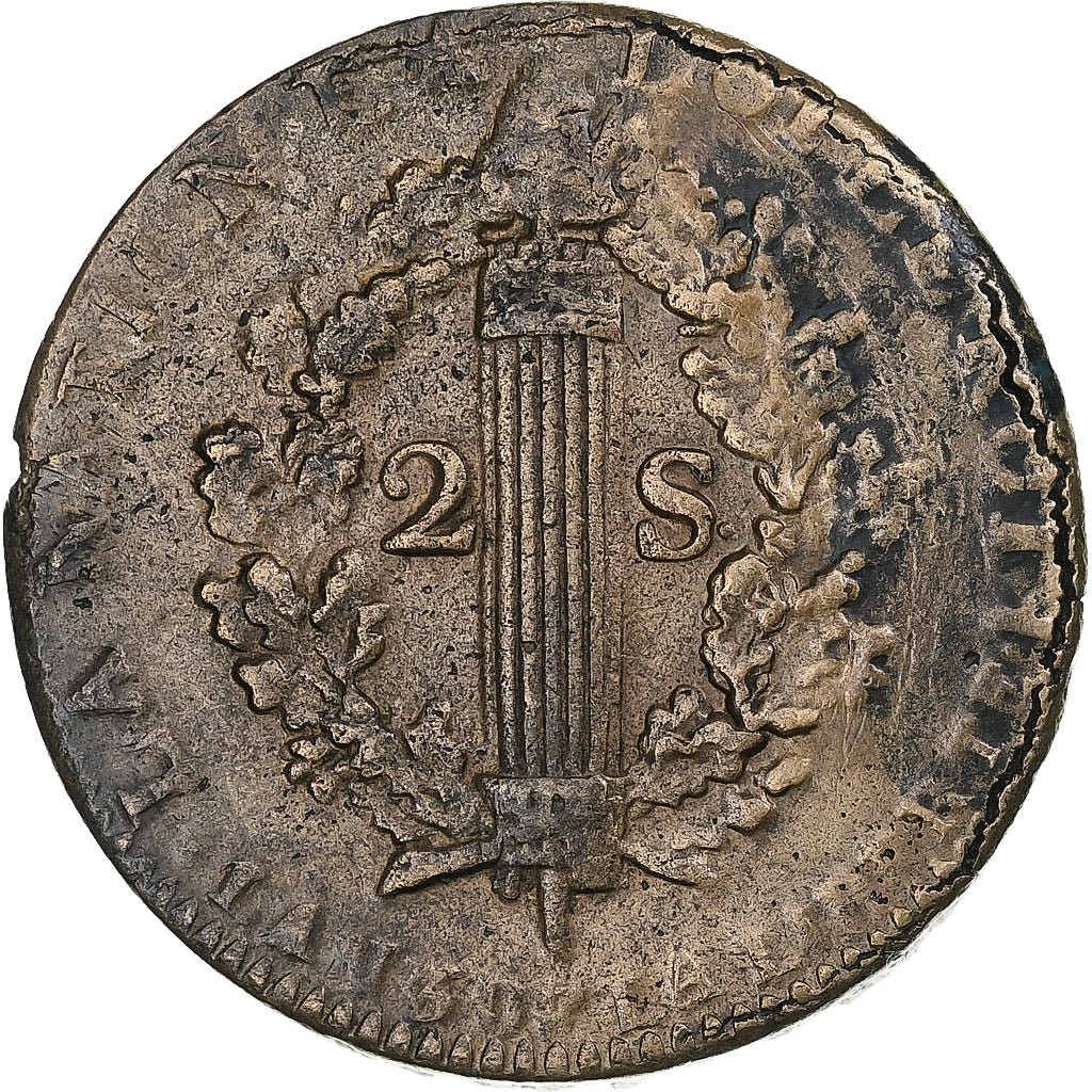 França, Louis XVI, 2 sols François, 1791 / AN 3, Lille, EF(40-45), Métal de