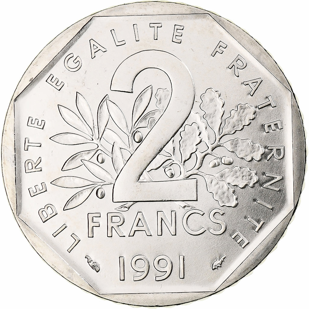Francja, 2 Francs, Semeuse, 1991, Monnaie de Paris, BU, Nikiel, MS(63)