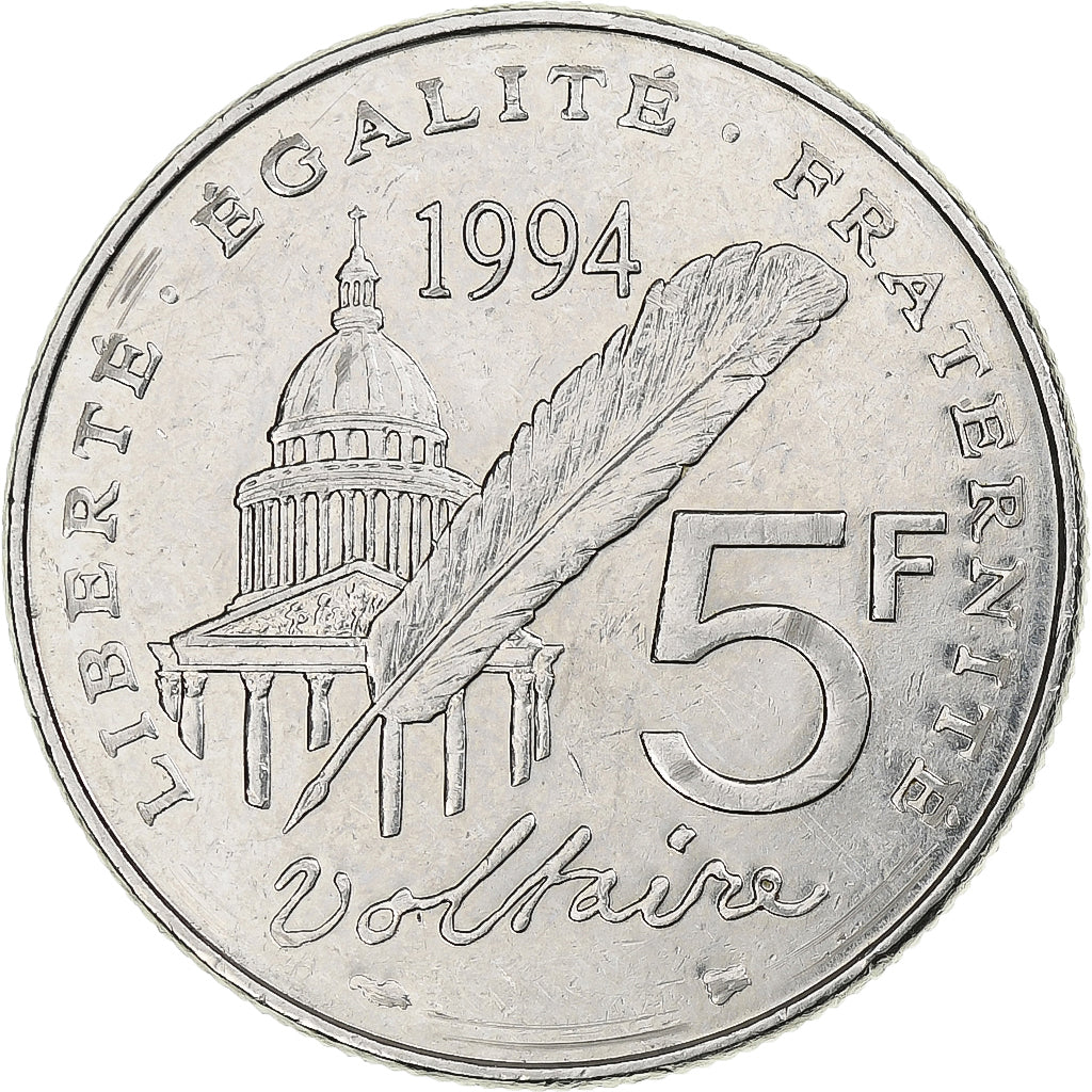 Francia, Voltaire, 5 Francs, 1994, Monnaie de Paris, MBC+, Cuproníquel