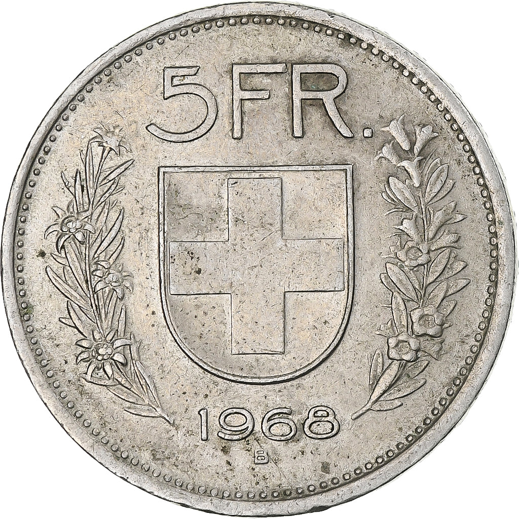 Switzerland, Helvetia, 5 Francs, 1968, Bern, EF(40-45), Copper-nickel, KM:40a.1