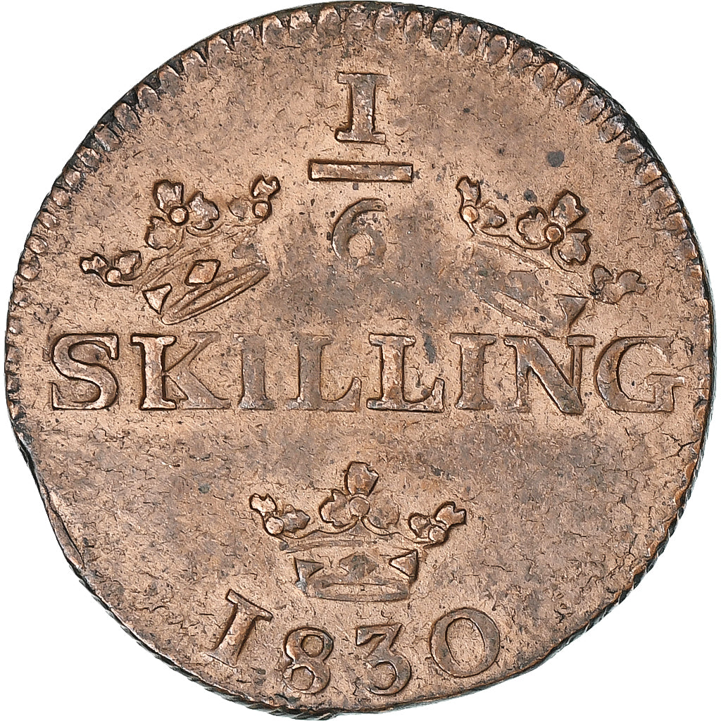 Szwecja, Carl XIV Johan, 1/6 Skilling, 1830, Avesta, AU(50-53), Miedź, KM:625