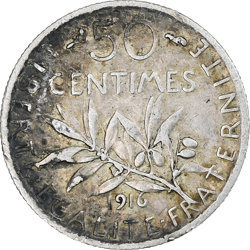 Francia, Semeuse, 50 Centimes, 1916, Paris, BC+, Plata, KM:854, Gadoury:420