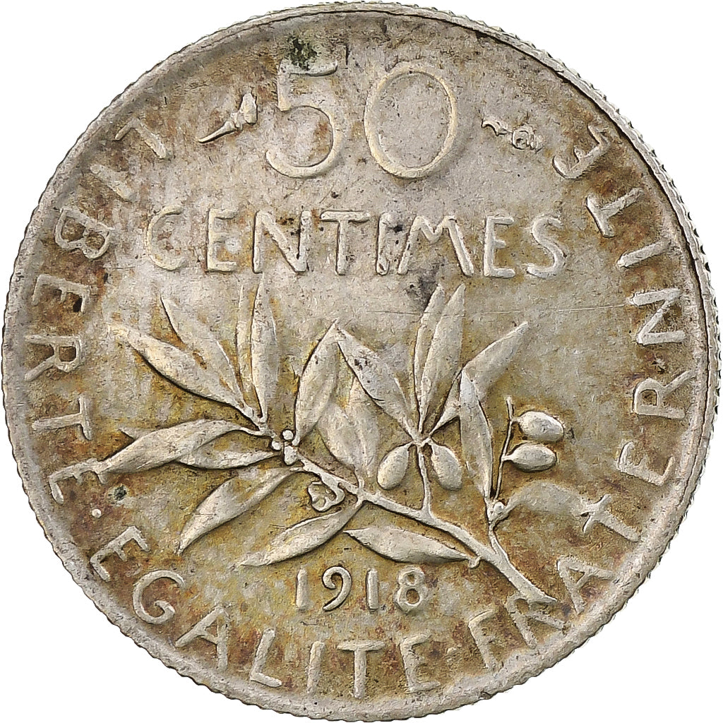 Frankrijk, Semeuse, 50 Centimes, 1918, Paris, PR+, Zilver, KM:854, Gadoury:420