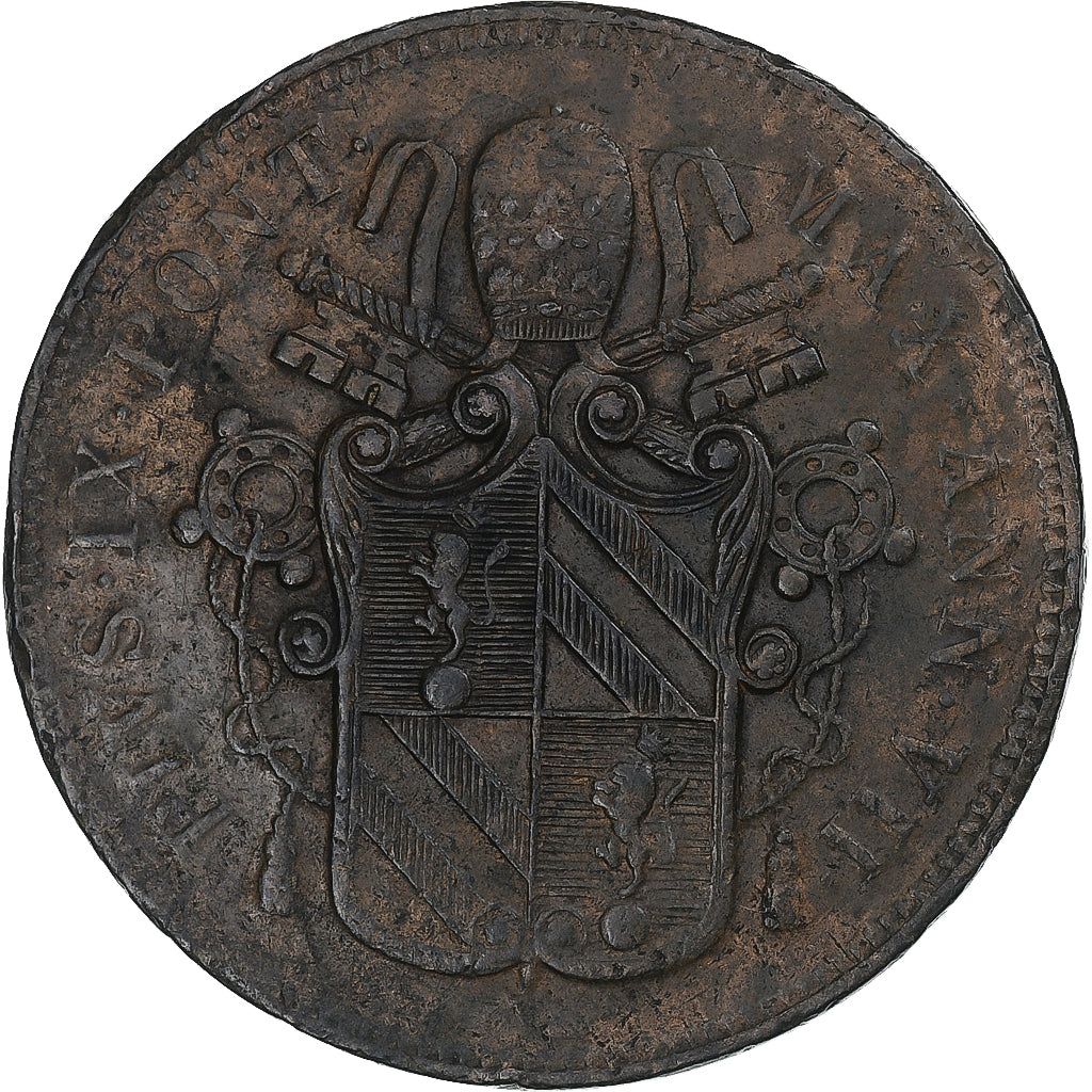 Włochy, PAPAL STATES, Pius IX, 5 Baiocchi, 1852, Rome, AU(50-53), Miedź