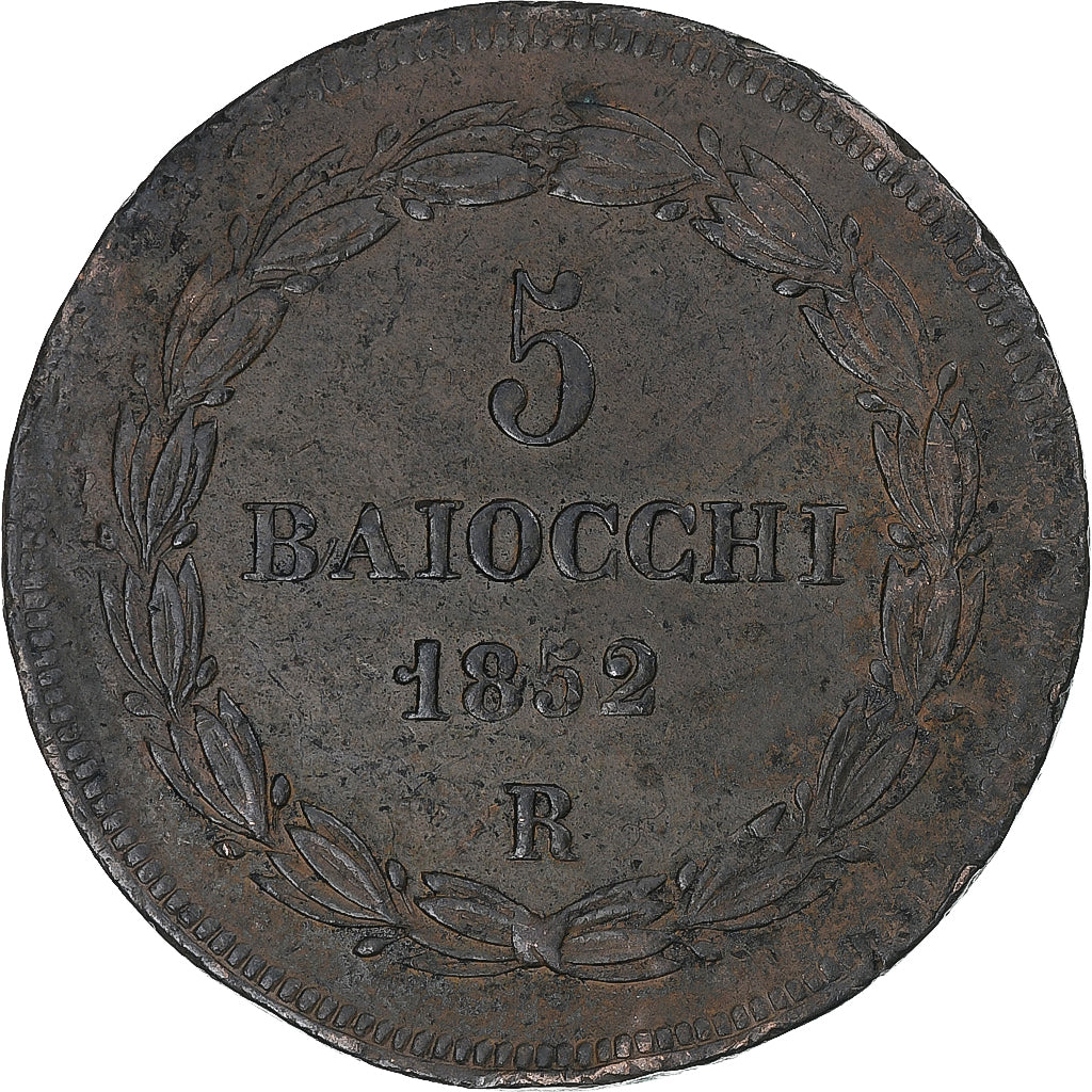 Włochy, PAPAL STATES, Pius IX, 5 Baiocchi, 1852, Rome, AU(50-53), Miedź