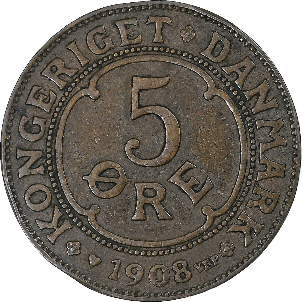 Danimarca, Frederik VIII, 5 Øre, 1908, Copenhagen, BB+, Bronzo, KM:806