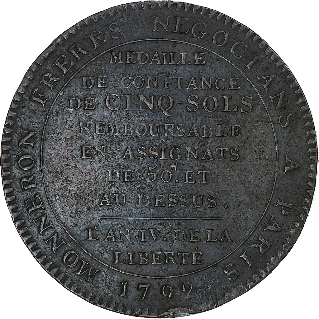 França, Monneron de 5 Sols, 1792, Bronze, EF(40-45)