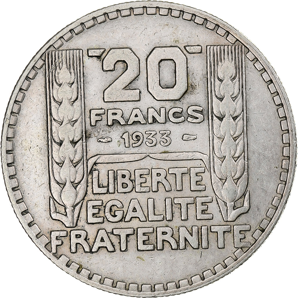 Francia, Turin, 20 Francs, 1933, Monnaie de Paris, Rameaux longs, MBC, Plata