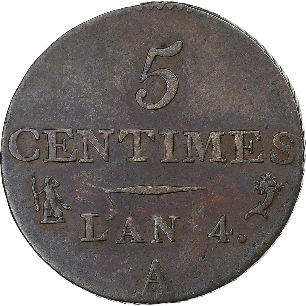 Francia, Dupré, 5 Centimes, AN 4, Paris, Petit module, MBC, Cobre, KM:929