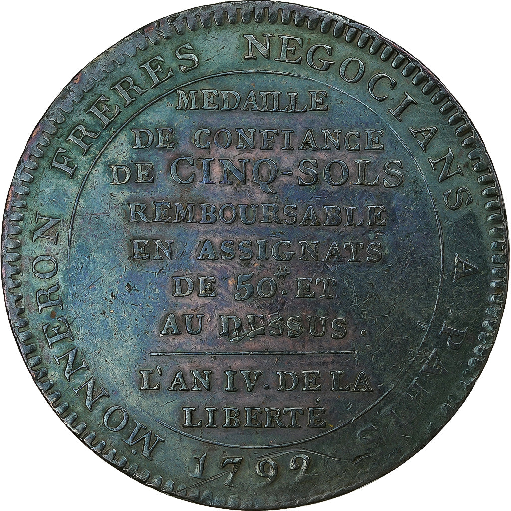 Frankrijk, Monneron de 5 Sols, 1792, Bronzen, ZF