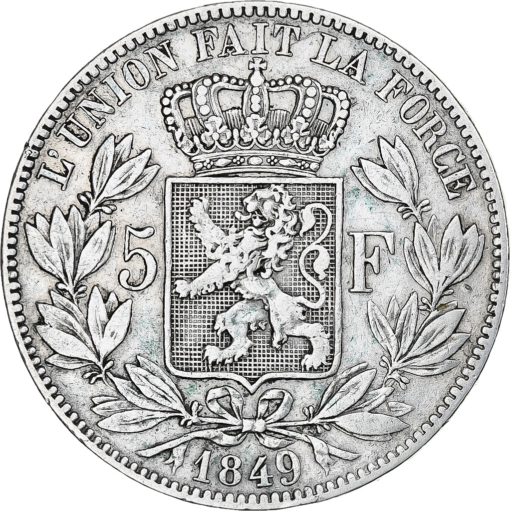 België, Leopold I, 5 Francs, 1849, Brussels, FR+, Zilver, KM:17