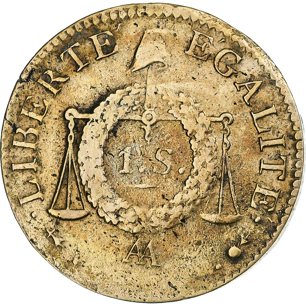 France, Sol aux balances non daté, AN II, Metz, Cuivre, TB+, Gadoury:21, KM:620