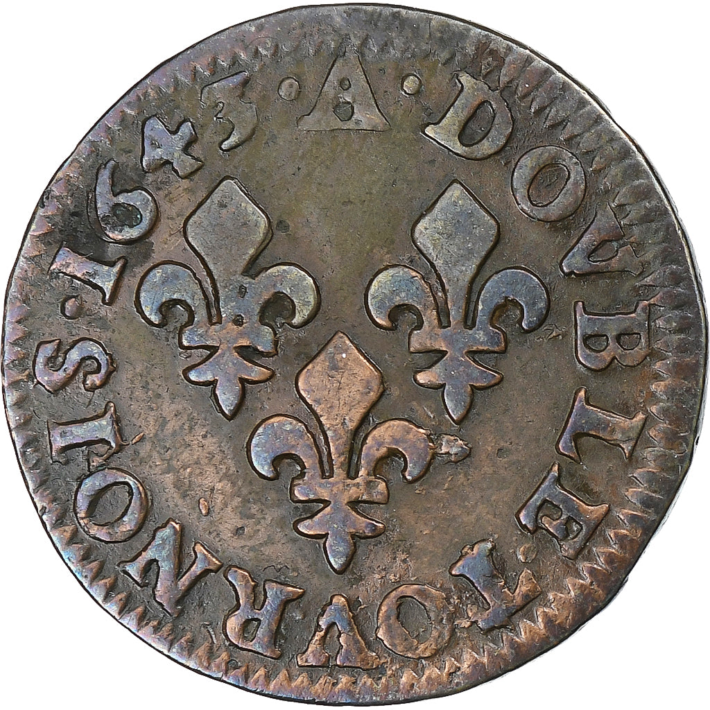 Frankrijk, Louis XIII, Double Tournois, 1643, Corbeil, Koper, FR+, Gadoury:12