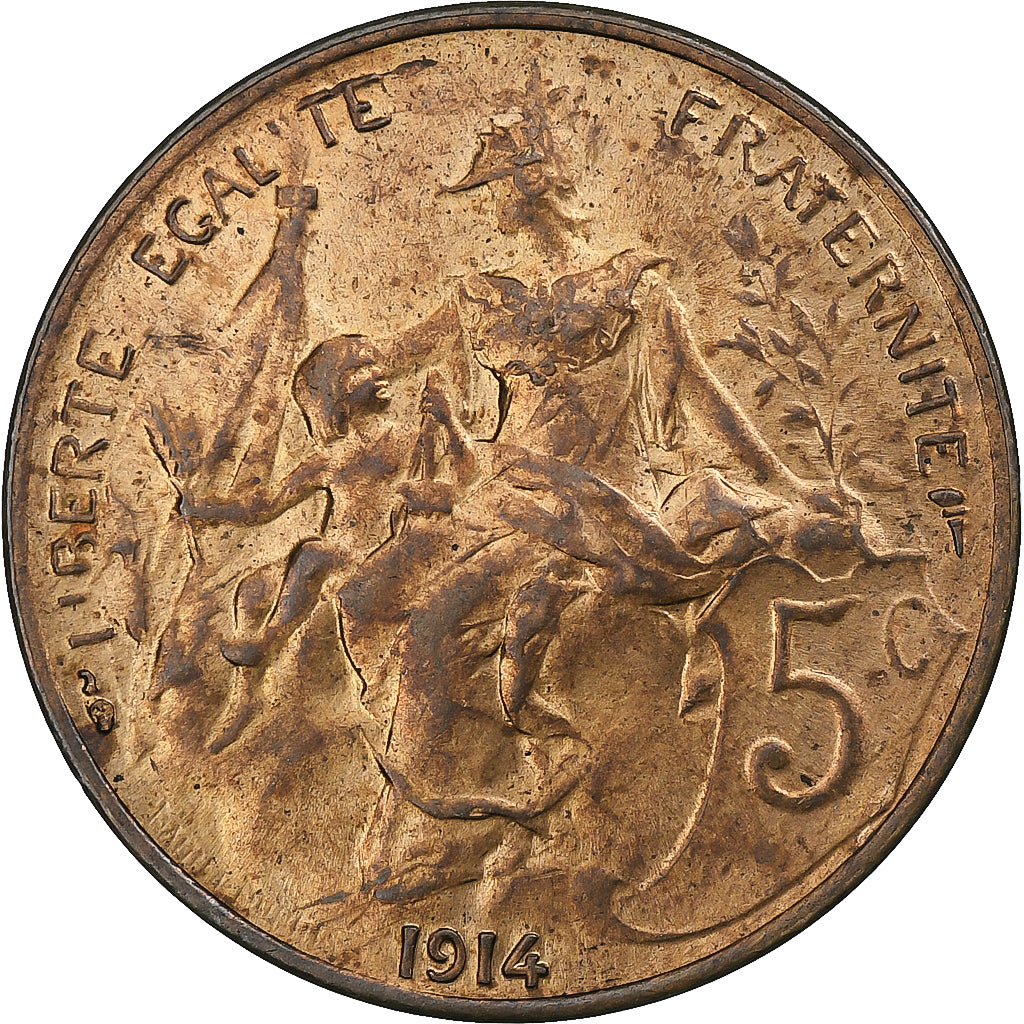 França, 5 Centimes, Daniel-Dupuis, 1914, Paris, Bronze, AU(55-58), Gadoury:165