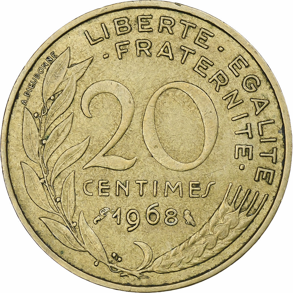 França, 20 Centimes, Marianne, 1968, Paris, Alumínio-Bronze, EF(40-45), KM:930