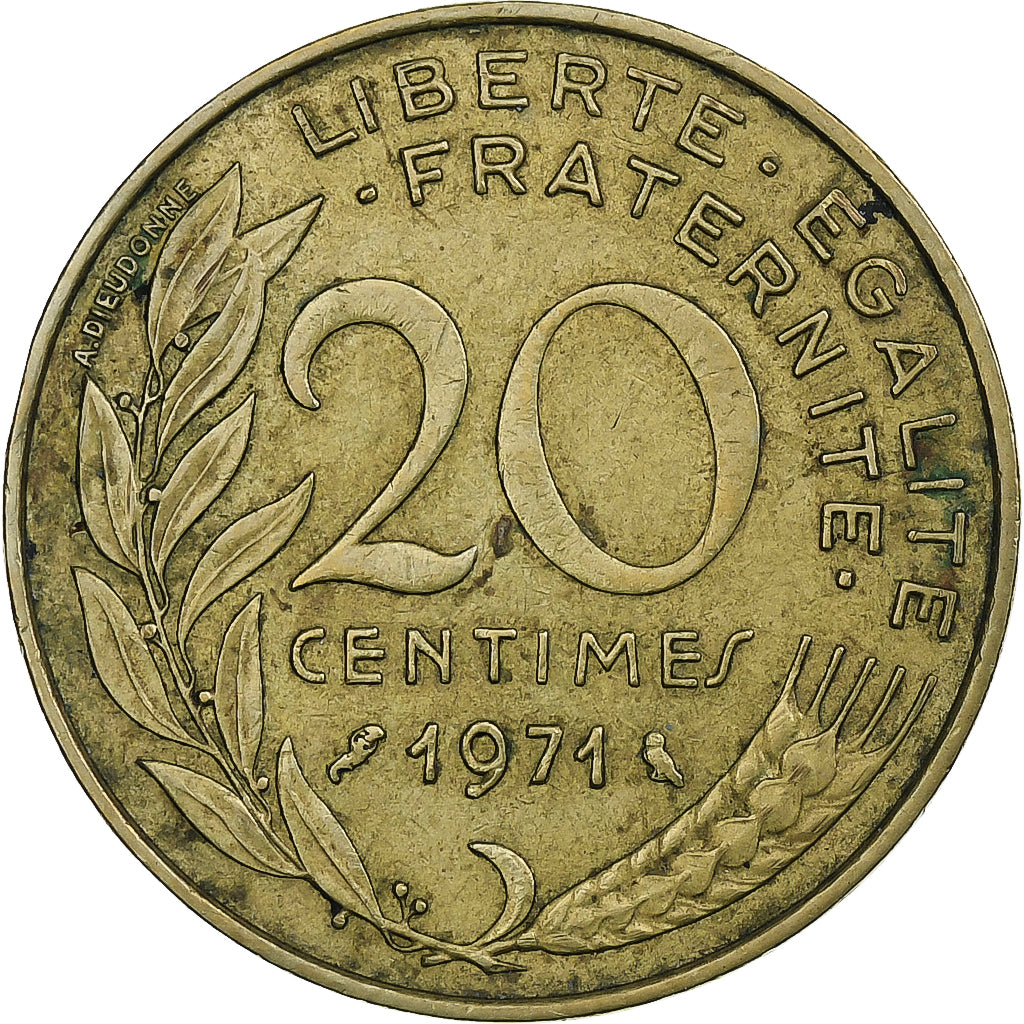 França, 20 Centimes, Marianne, 1971, Paris, Alumínio-Bronze, EF(40-45), KM:930