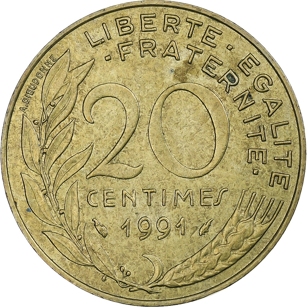 Francja, 20 Centimes, Marianne, 1991, Pessac, Aluminium-Brąz, EF(40-45), KM:930