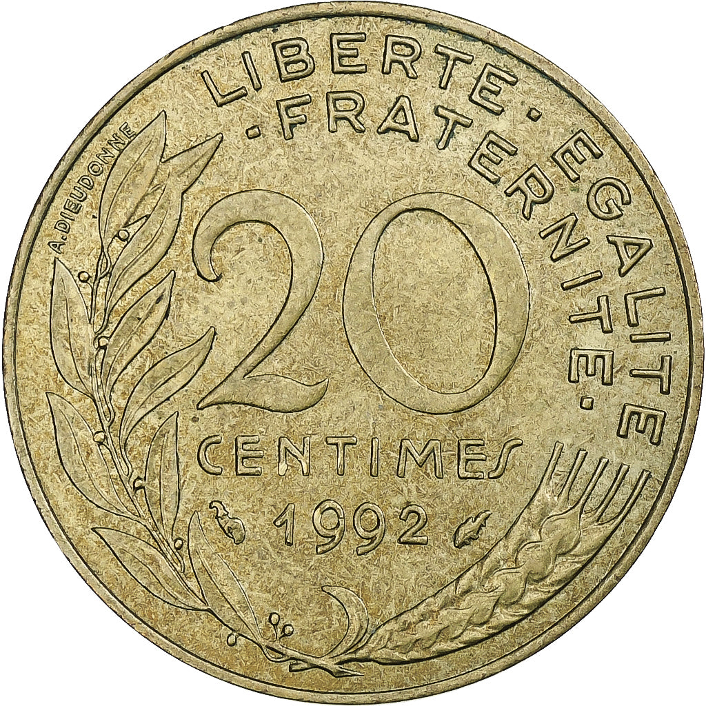 Francia, 20 Centimes, Marianne, 1992, Pessac, Alluminio-bronzo, BB, KM:930