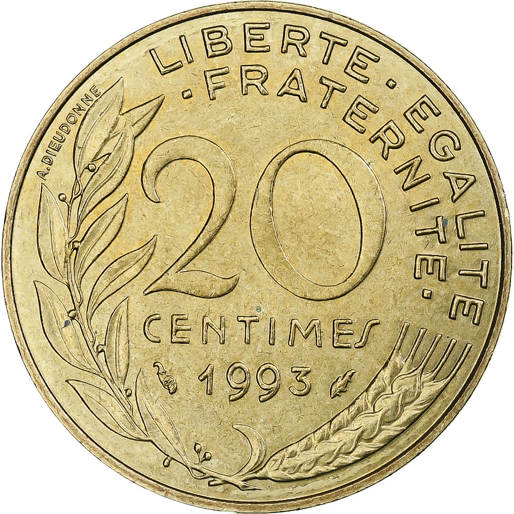 Francia, 20 Centimes, Marianne, 1993, Pessac, Alluminio-bronzo, BB, KM:930