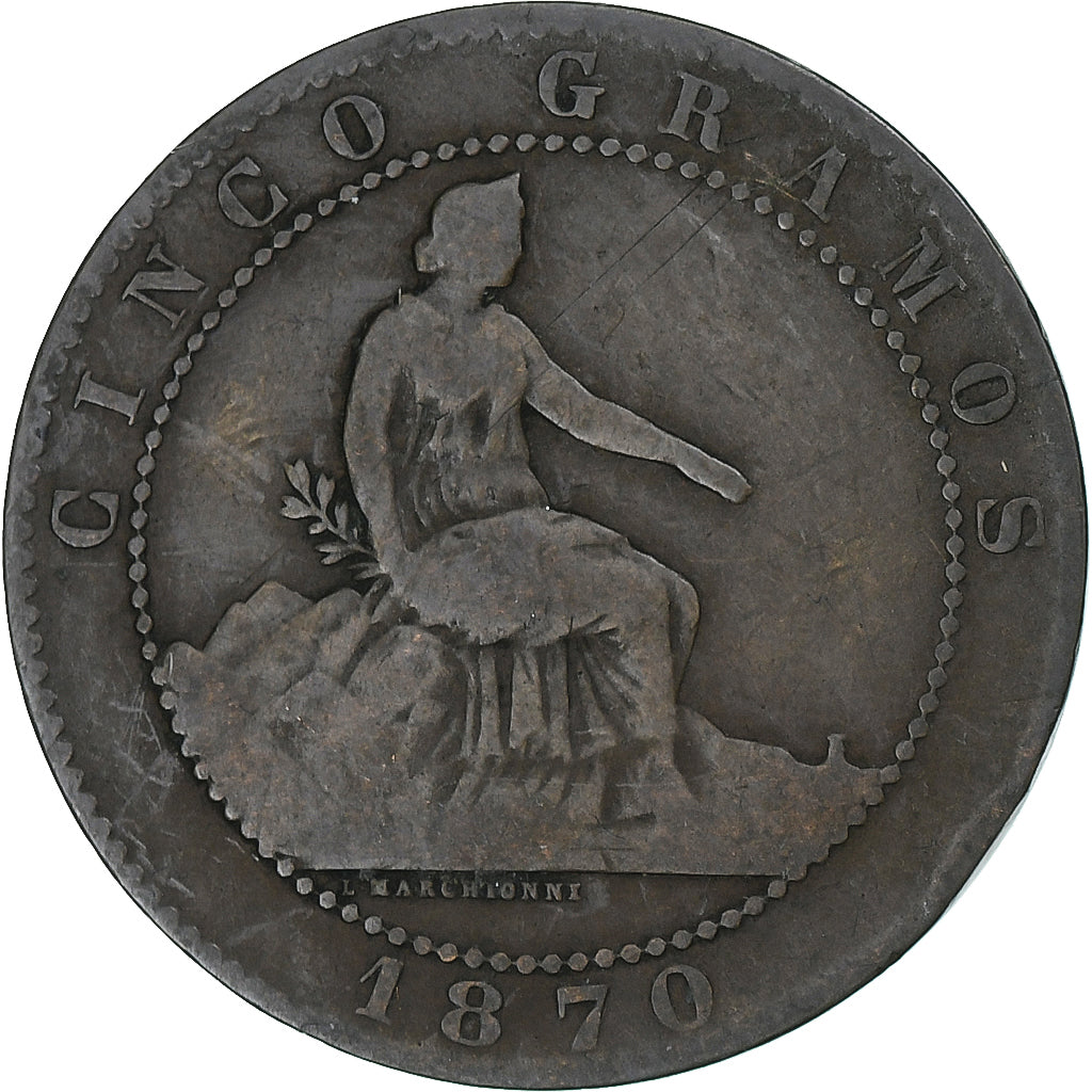 Espanha, Provisional Government, 5 Centimos, 1870, Cobre, VF(20-25), KM:662
