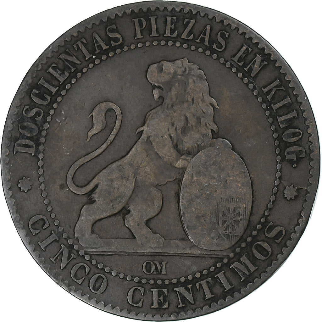 Espanha, Provisional Government, 5 Centimos, 1870, Cobre, VF(20-25), KM:662