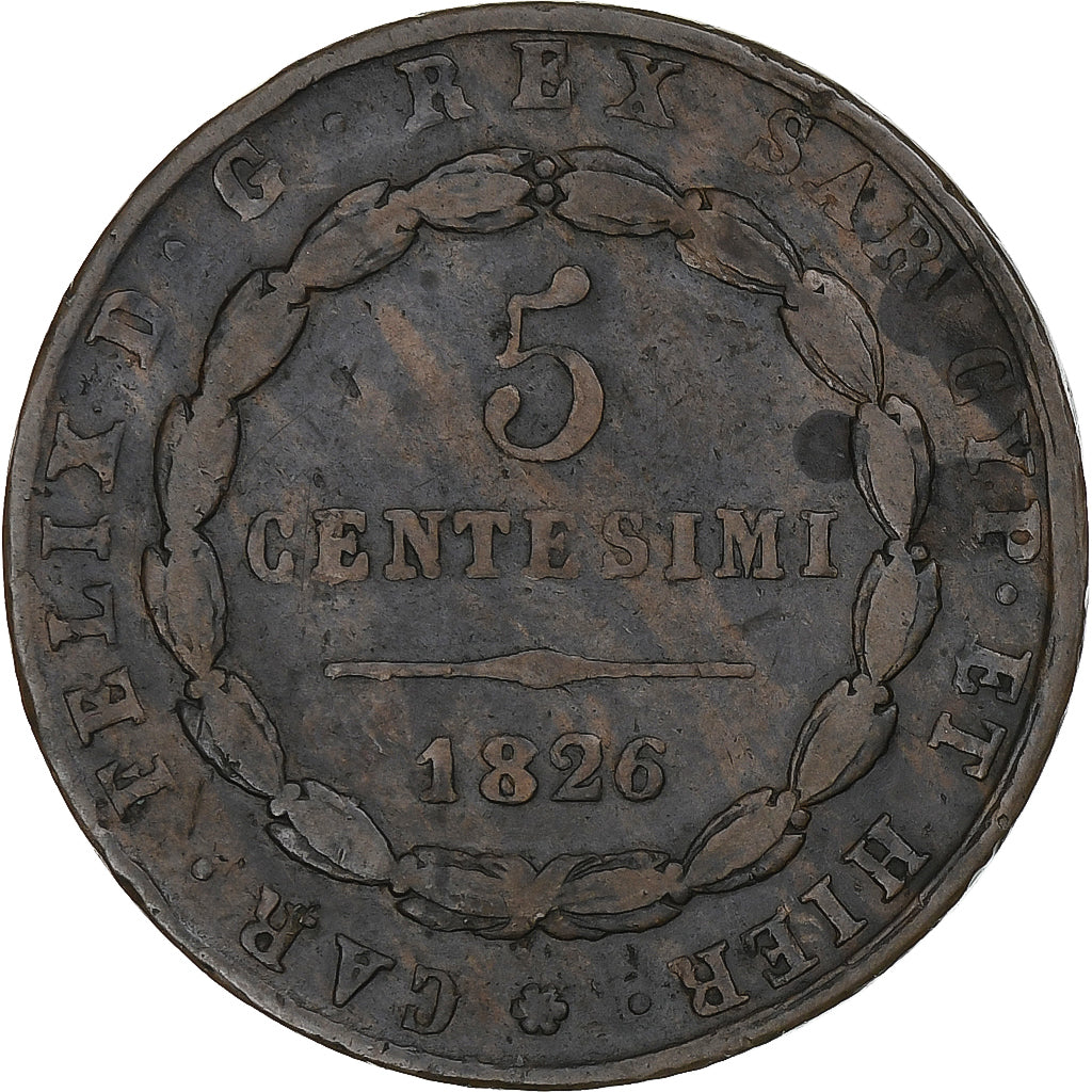 Italia, Kingdom of Sardinia, Carlo Felice, 5 Centesimi, 1826, Torino, Rame, BB