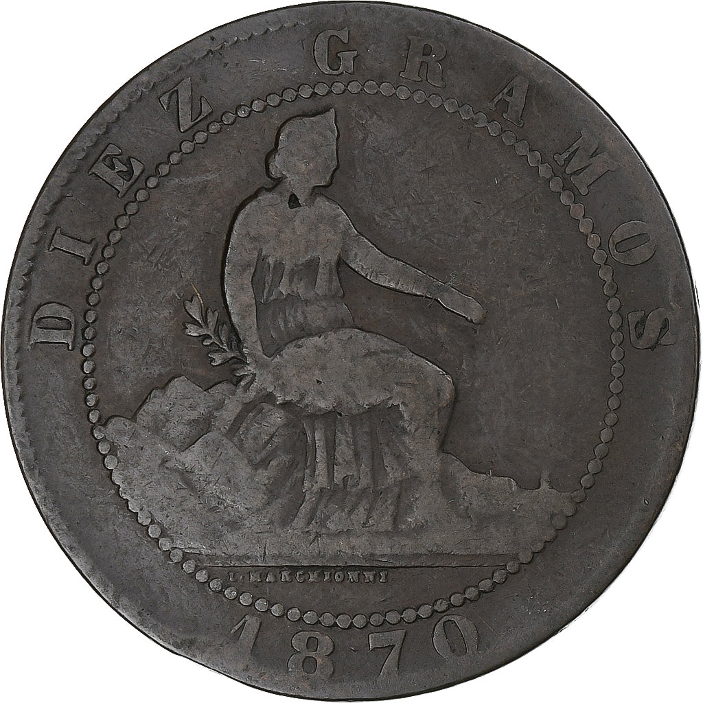 Espagne, Provisional Government, 10 Centimos, 1870, Cuivre, TB, KM:663