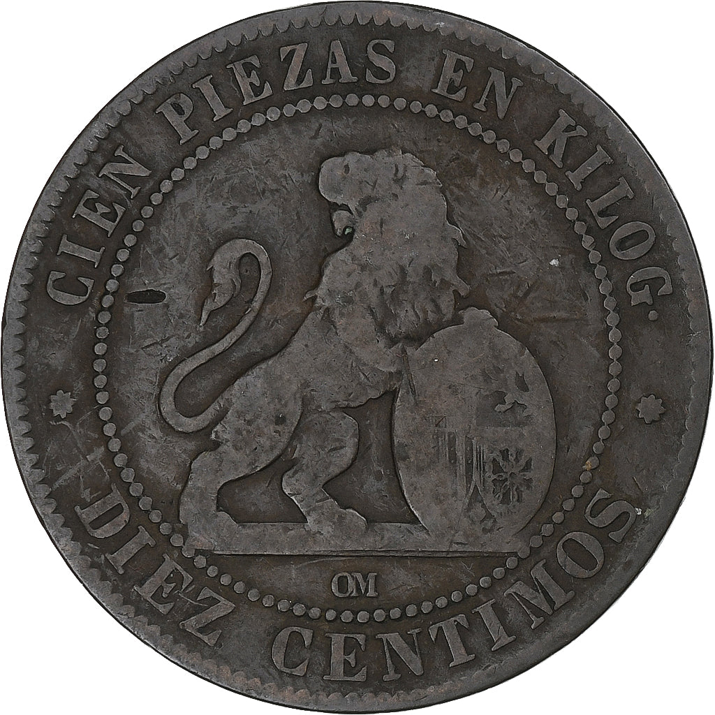 Espagne, Provisional Government, 10 Centimos, 1870, Cuivre, TB, KM:663