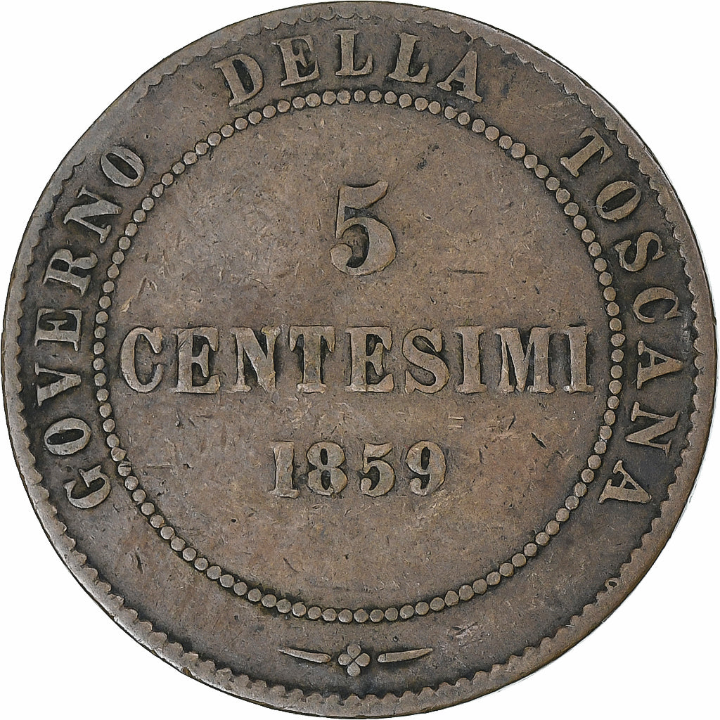 Italy, Tuscany, Vittorio Emanuele II, 5 Centesimi, 1859, Heaton, Copper