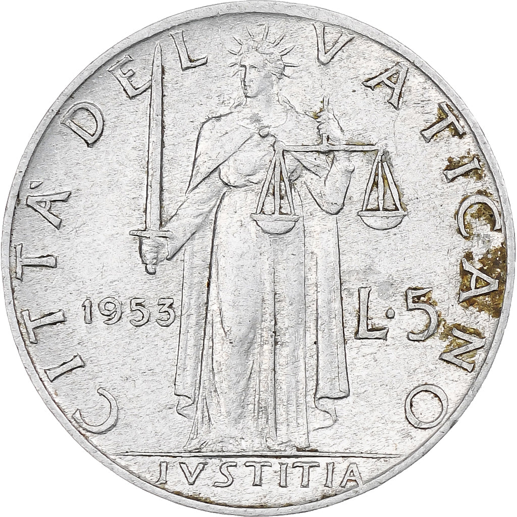 Vaticano, Pius XII, 5 Lire, 1953, Roma, Alluminio, BB