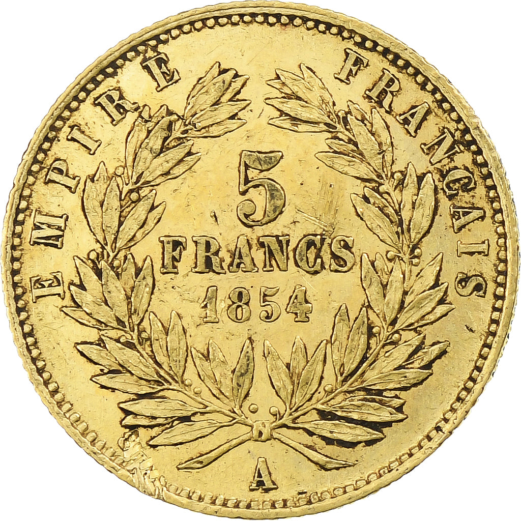 Francia, Napoleon III, 5 Francs, 1854, Paris, tranche cannelée, Oro, MBC+