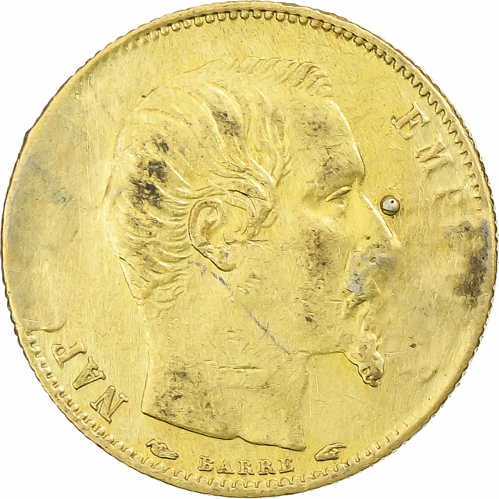 Francia, Napoleon III, 5 Francs, 1854, Paris, tranche cannelée, Oro, MB+