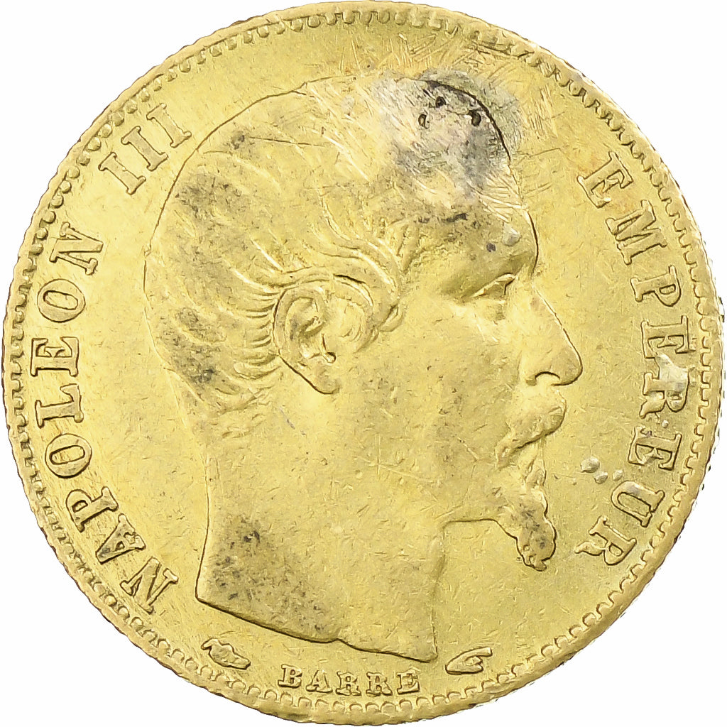 Francia, Napoleon III, 5 Francs, 1855, Paris, tranche cannelée, Oro, MB+